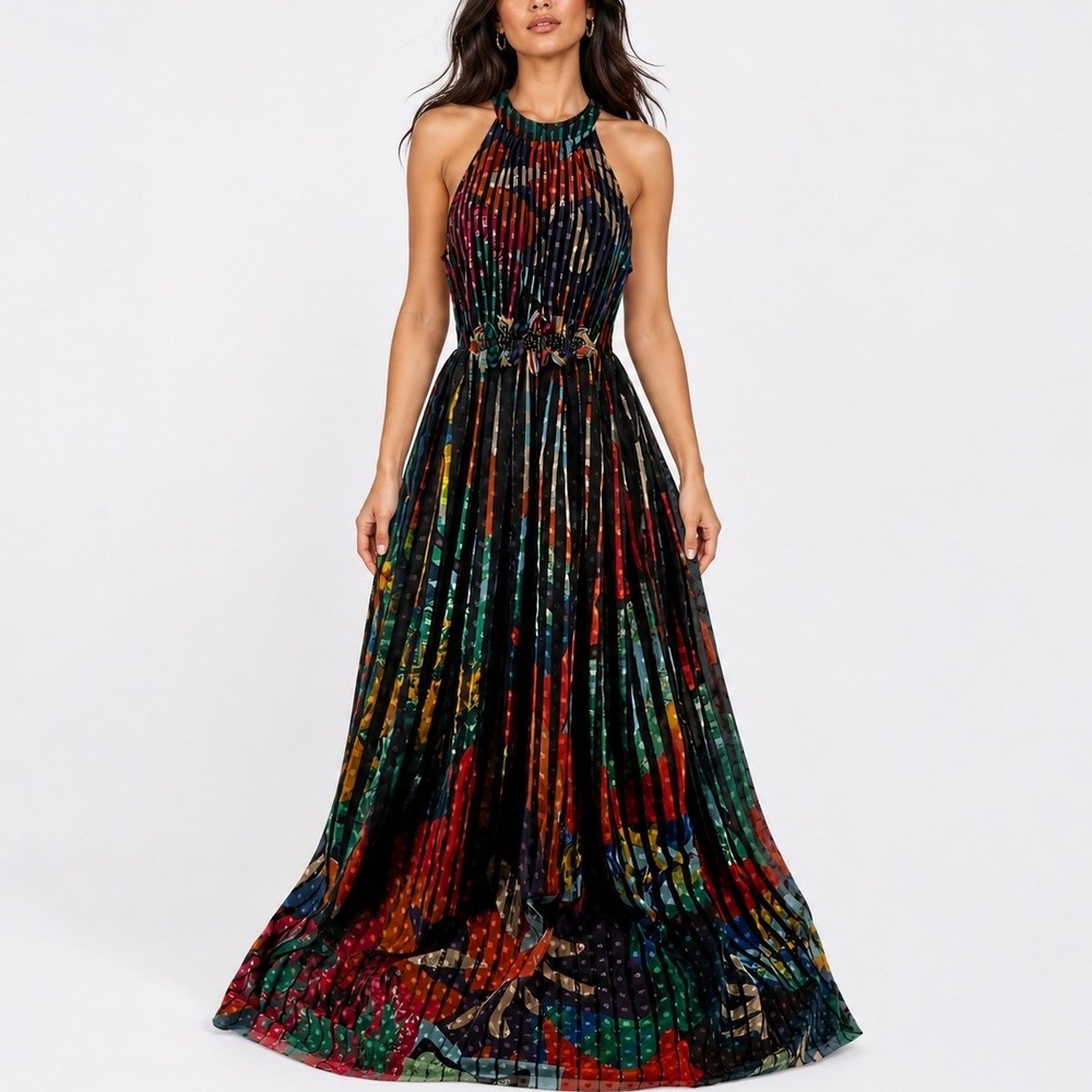 Geisha Designs Anthropologie Kalinka Maxi Dress Multicolor‎ Halter Embellished 2